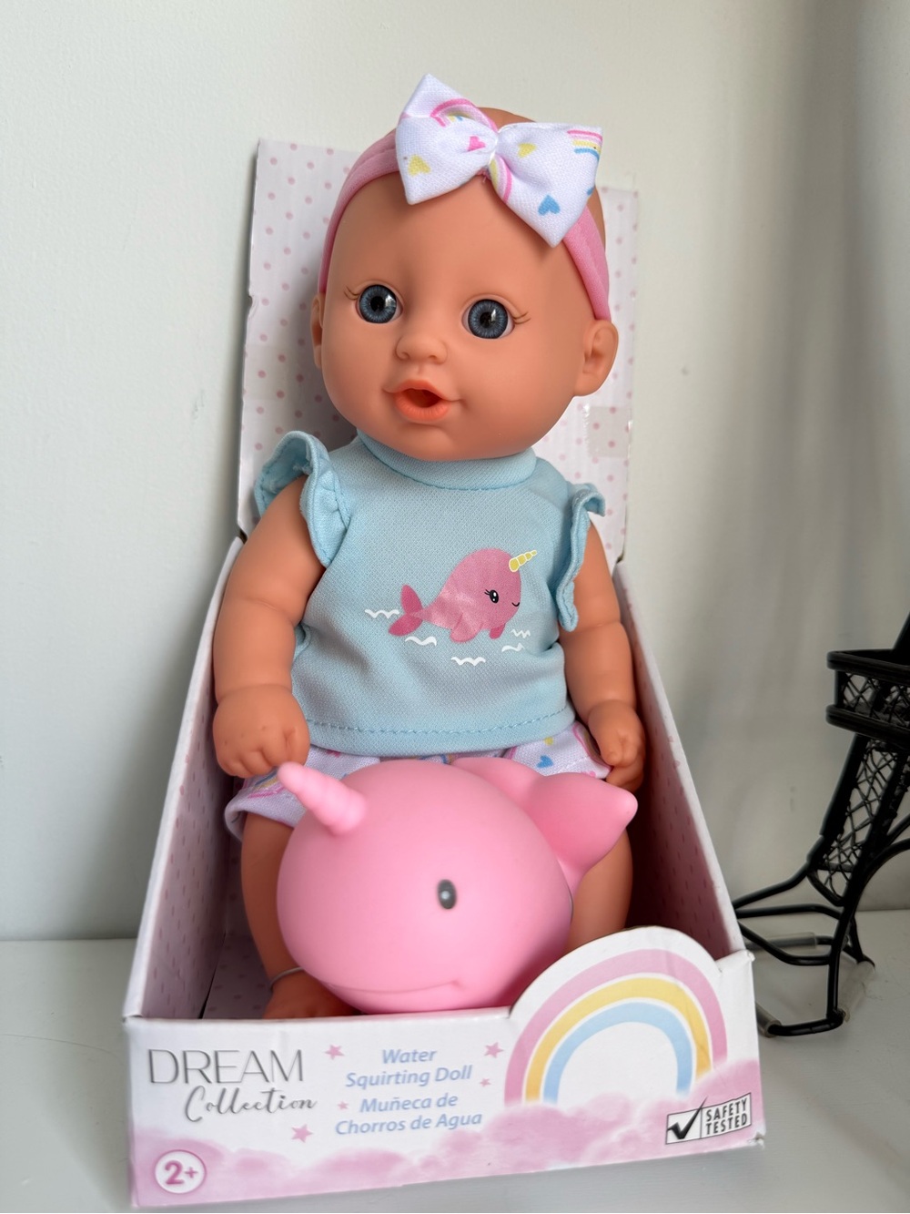 Water Squirting Baby Doll Blue & Pink with Narwhal Toy